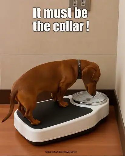 A brown dachshund stands on a bathroom scale, nose pressed to the dial, with bold text overlay “It must be the collar!” against a beige wall.